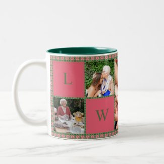 Pixelated Squares in pink and green. Family photo Two-Tone Coffee Mug