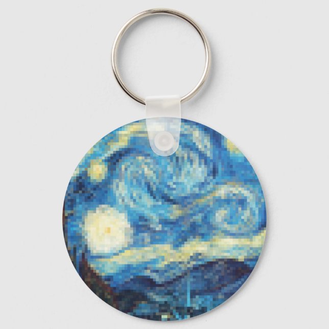 Pixelated Starry Night by Van Gogh Key Ring (Front)