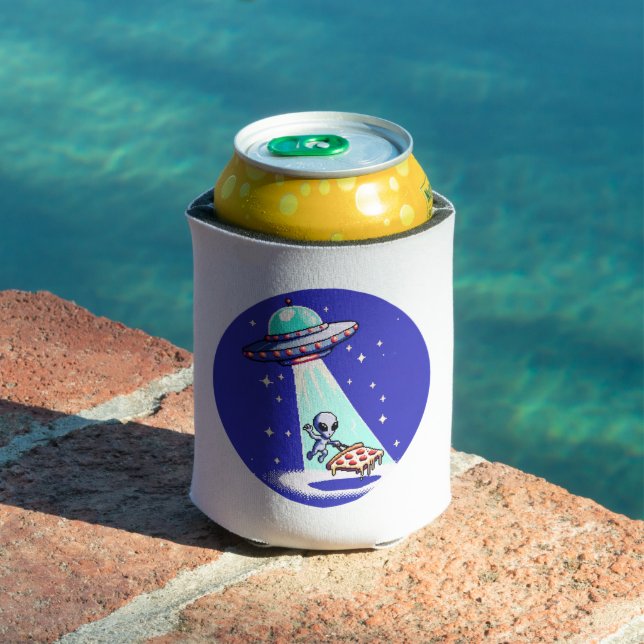 Pixelated UFO Pizza Adventure - Alien Art Can Cooler (In Situ Pool)