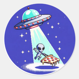 Pixelated UFO Pizza Adventure - Alien Art Classic Round Sticker