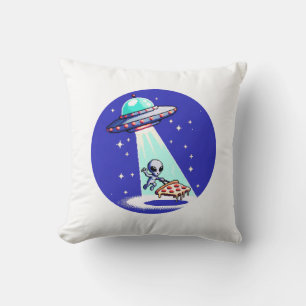 Pixelated UFO Pizza Adventure - Alien Art Cushion