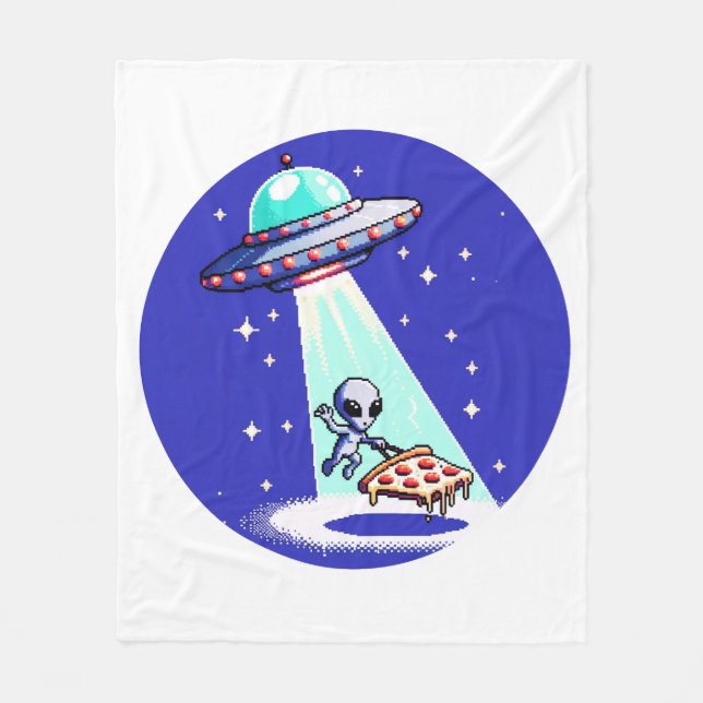 Pixelated UFO Pizza Adventure - Alien Art Fleece Blanket (Front)