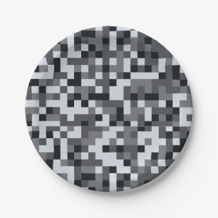 Pixelated Video Game black and grey Birthday Party Paper Plate