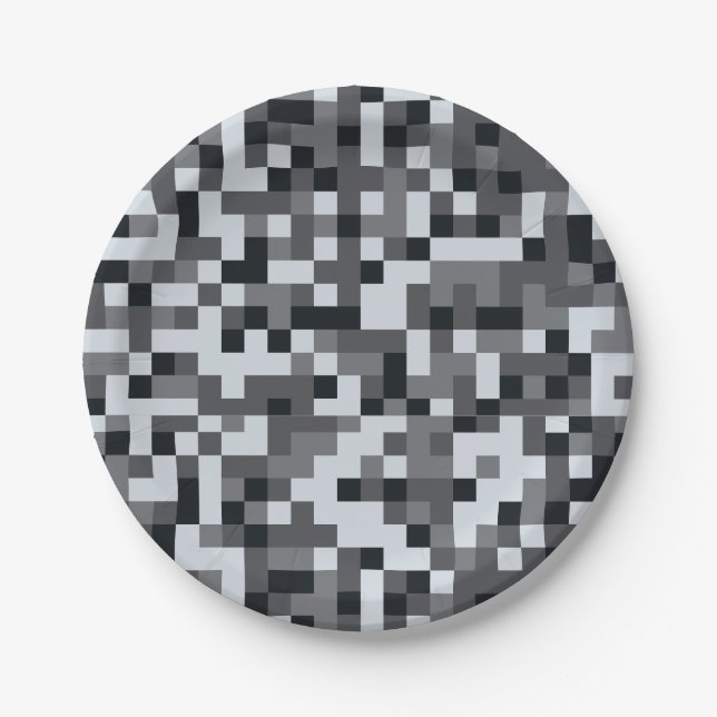 Pixelated Video Game black and grey Birthday Party Paper Plate (Front)