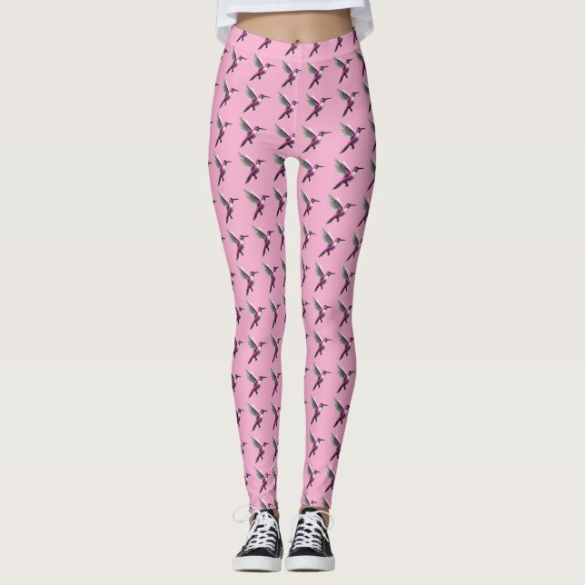 Pixeled Pink Hummingbird Leggings (Front)