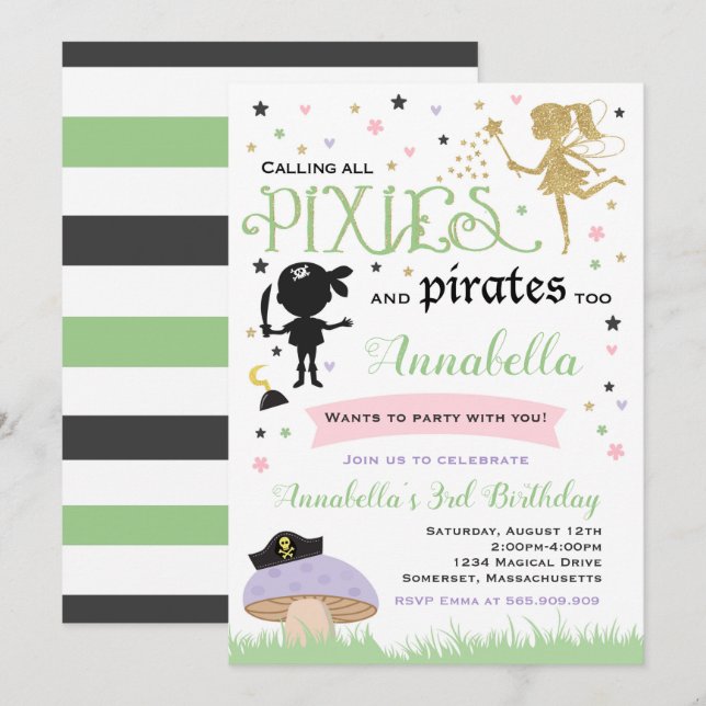 Pixie And Pirate Birthday Invitation Fairy Pirate (Front/Back)