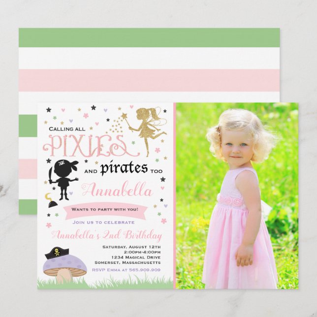 Pixie And Pirate Birthday Invitation Fairy Pirate (Front/Back)