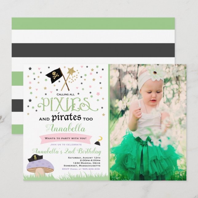 Pixie And Pirate Birthday Invitation Fairy Pirate (Front/Back)