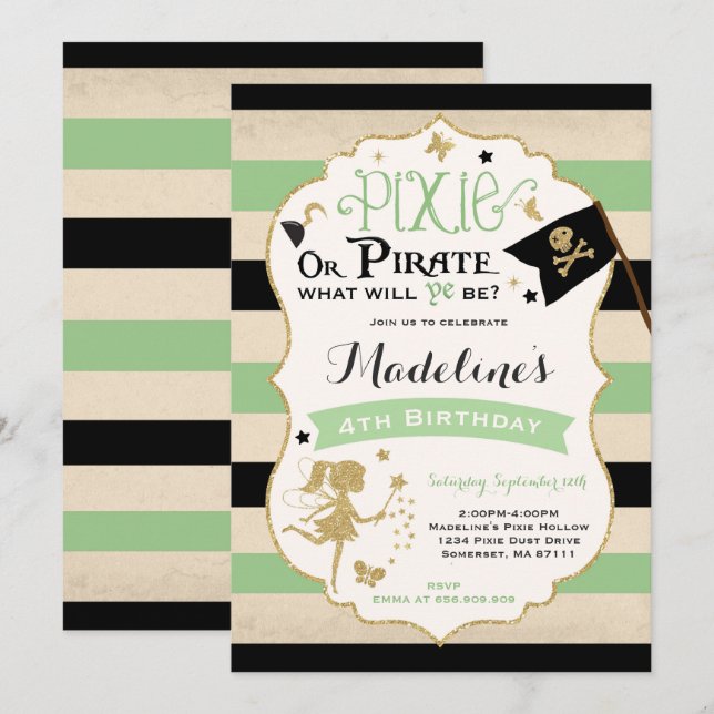 Pixie And Pirate Birthday Invitation Fairy Pirate (Front/Back)