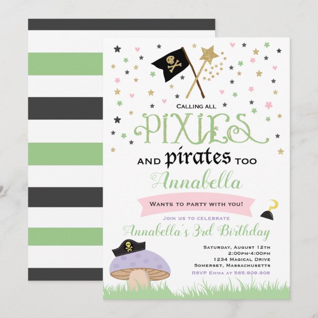 Pixie And Pirate Birthday Invitation Fairy Pirate (Front/Back)