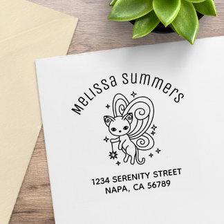 Pixie Cat Fairy Wings Kitten Arch Address Rubber Stamp