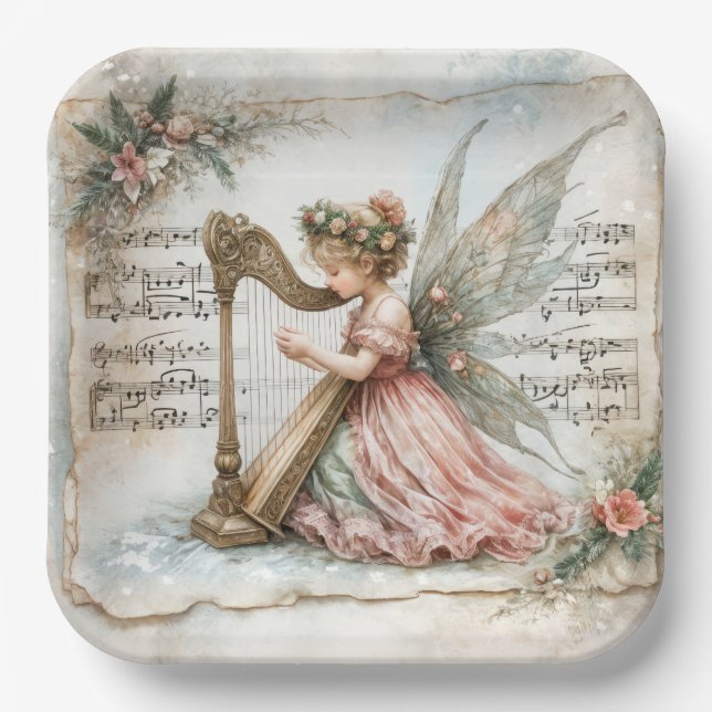 Pixie Fairy Playing a Harp Paper Plate (Front)