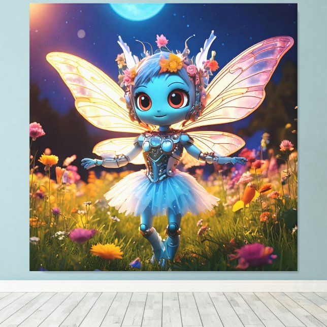 Pixie Robot Ballerina Dancing in the Wildflowers Canvas Print (Insitu(Wood Floor))