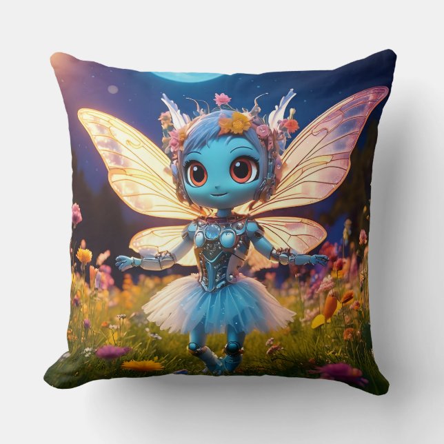 Pixie Robot Ballerina Dancing in the Wildflowers Cushion (Front)