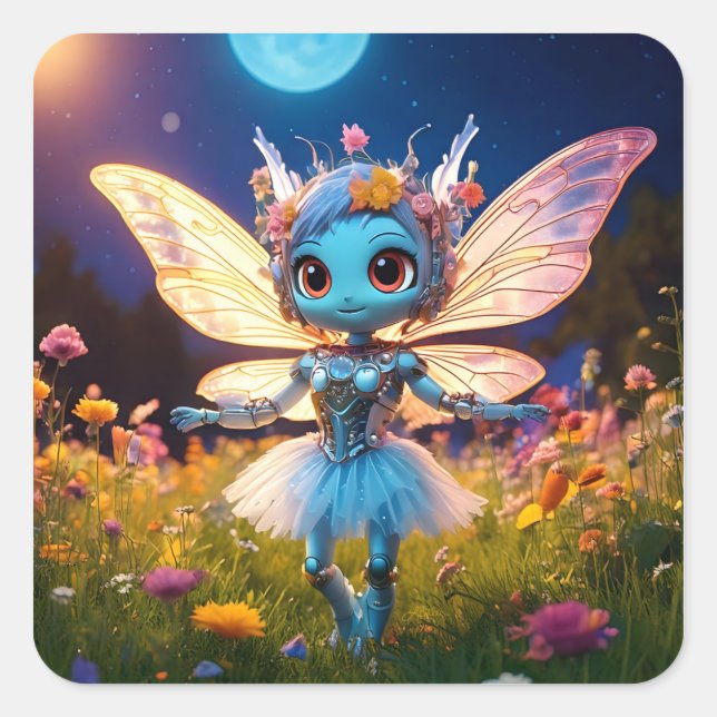 Pixie Robot Ballerina Dancing in the Wildflowers Square Sticker (Front)