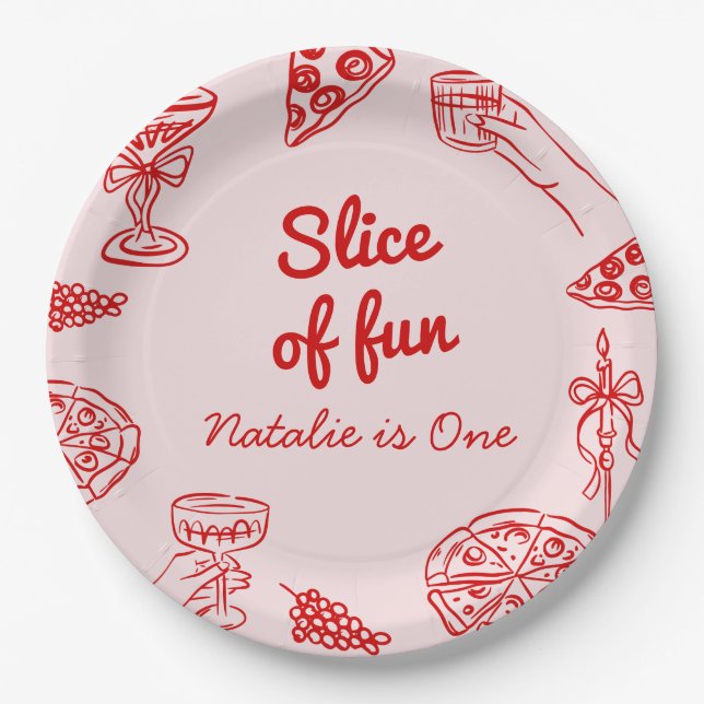 Pizza 1st Hand Drawn Slice Of Fun Birthday Party Paper Plate (Front)