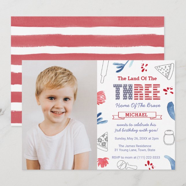 Pizza 3rd Birthday Party Italian American Photo Invitation (Front/Back)