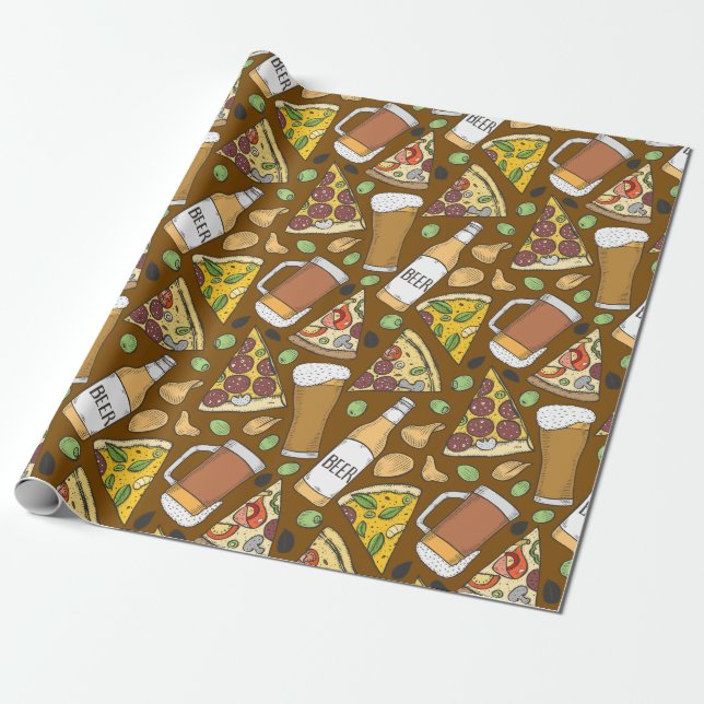 Pizza and Beer Tiled Pattern   Wrapping Paper (Unrolled)