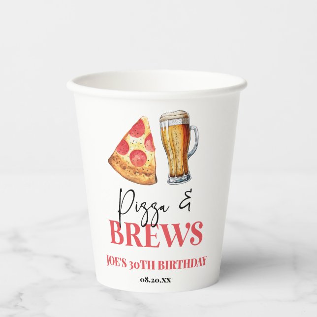 Pizza and Brews Beer Glass Birthday Party Paper Cups (Front)