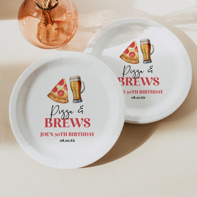 Pizza and Brews Beer Glass Birthday Party Paper Plate (Creator Uploaded)
