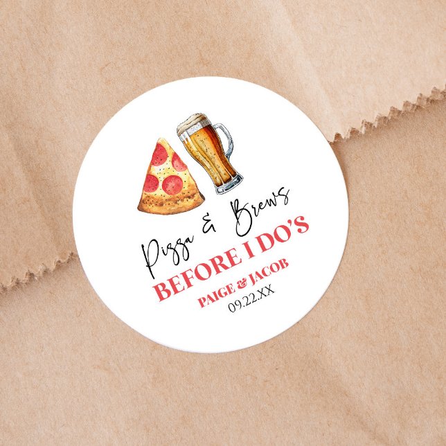 Pizza and Brews Before I Do's Rehearsal Dinner Classic Round Sticker (Creator Uploaded)