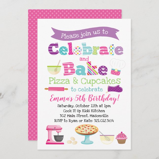 Pizza and Cupcake Baking Party Invitation (Front/Back)