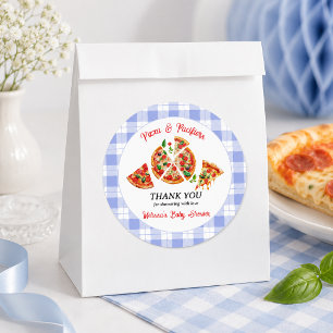 Pizza and Pacifiers Blue Gingham Boy Baby Shower Classic Round Sticker