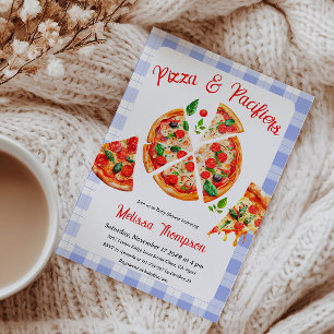 Pizza and Pacifiers Blue Plaid Baby Shower Party Invitation