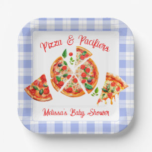Pizza and Pacifiers Boy Blue Gingham Baby Shower Paper Plate