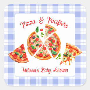 Pizza and Pacifiers Boy Blue Gingham Baby Shower Square Sticker