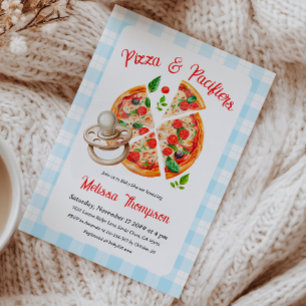 Pizza and Pacifiers Party Blue Plaid Baby Shower Invitation