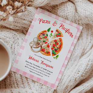 Pizza and Pacifiers Party Pink Plaid Baby Shower Invitation