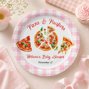 Pizza and Pacifiers Pink Gingham Baby Shower Party Paper Plate