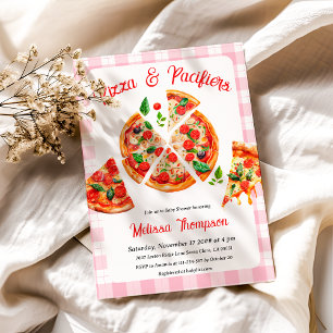 Pizza and Pacifiers Pink Plaid Baby Shower Party Invitation