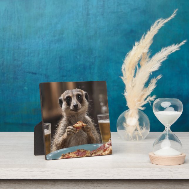 "Pizza and Pints: A Meerkat’s Perfect Snack Break" Plaque (Insitu)