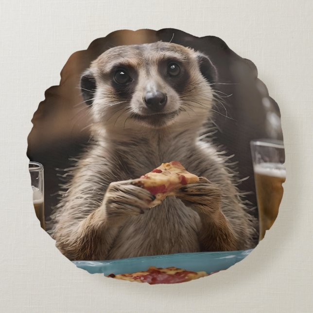 "Pizza and Pints: A Meerkat’s Perfect Snack Break" Round Cushion (Front)