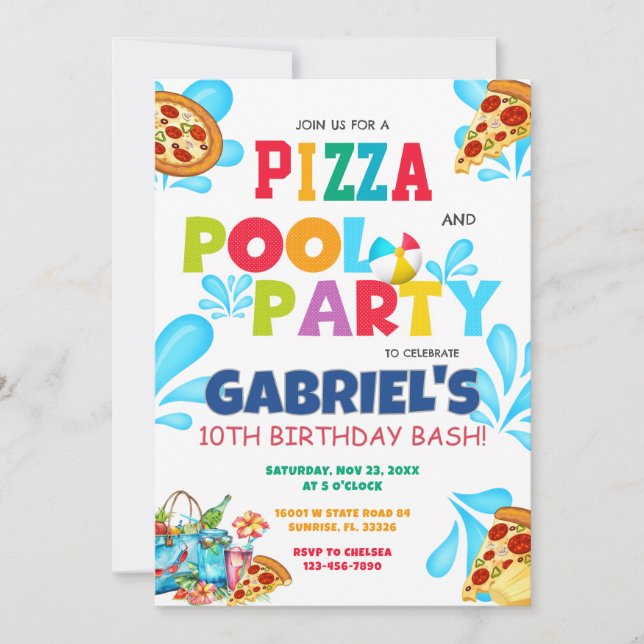 Pizza and Pool Party Swimming Birthday Invitation (Front)
