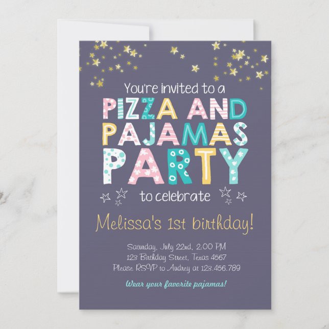 Pizza and Pyjamas birthday invitation Sleepover (Front)