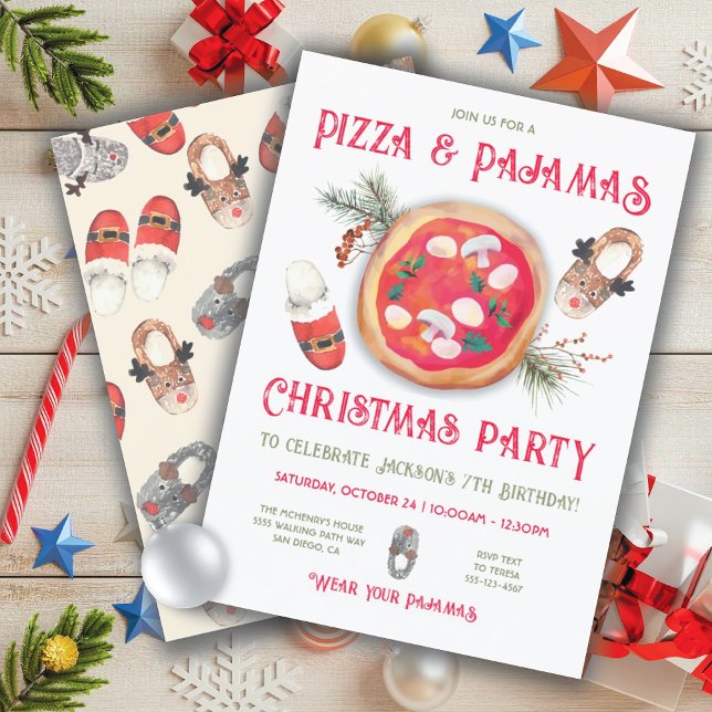 Pizza and Pyjamas Christmas Birthday Party Invitat Invitation (Creator Uploaded)