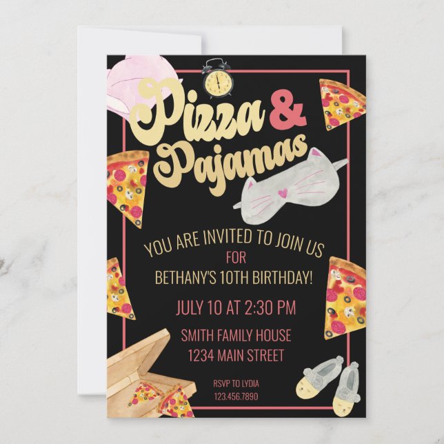 Pizza and Pyjamas Slumber Party Sleepover Birthday Invitation (Front)