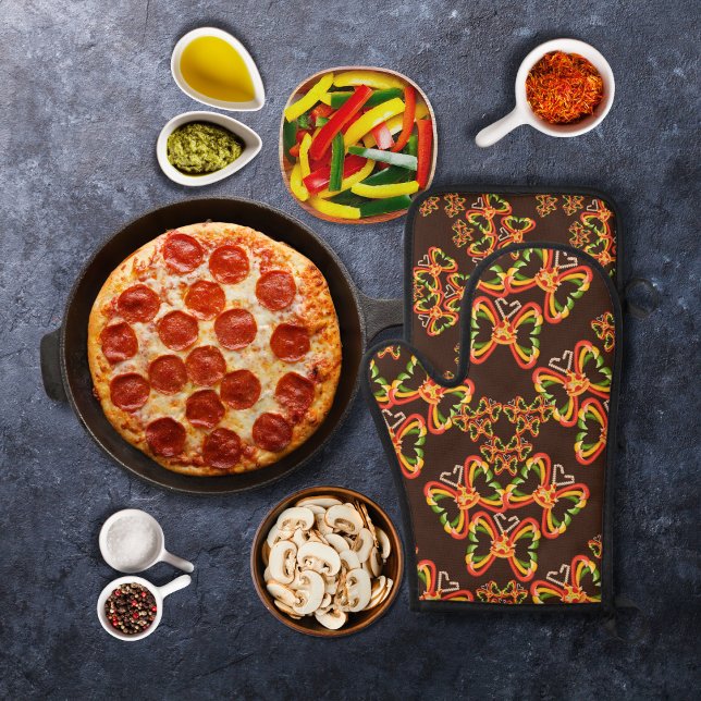 Pizza and Toppings Butterfly Shapes Brown Oven Mitt & Pot Holder Set (Creator Uploaded)
