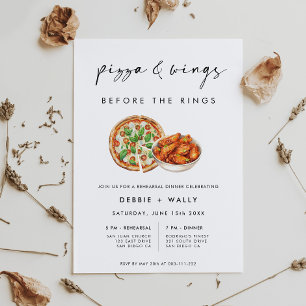 Pizza and Wings Before the Rings Rehearsal Dinner Invitation