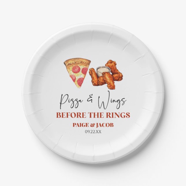 Pizza and Wings Before The Wings Rehearsal Dinner Paper Plate (Front)