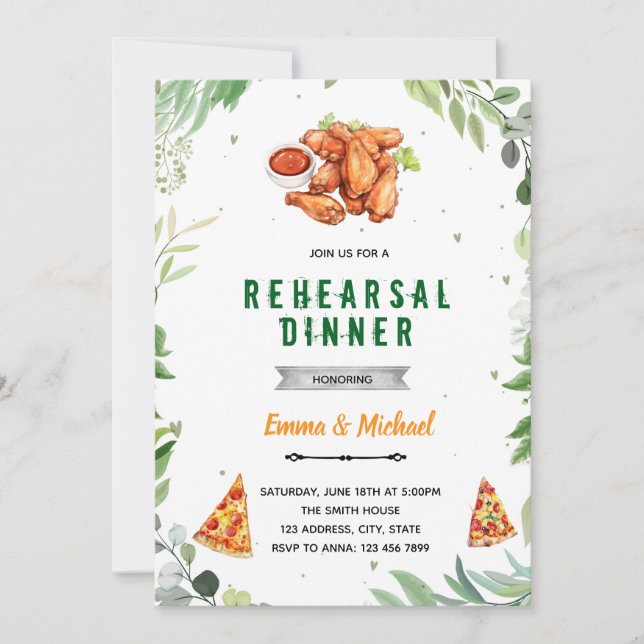 Pizza and wings rehearsal dinner invitation (Front)