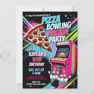 Pizza Arcade Bowling Party Invite for Kids