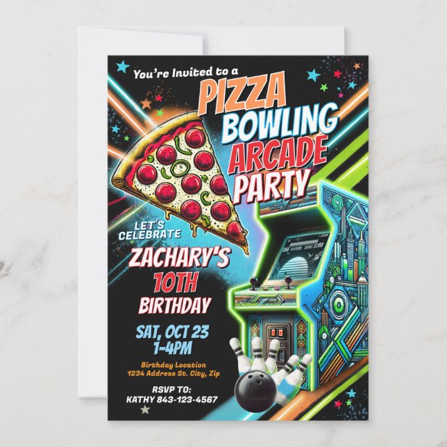 Pizza Arcade Bowling Party Invite for Kids (Front)