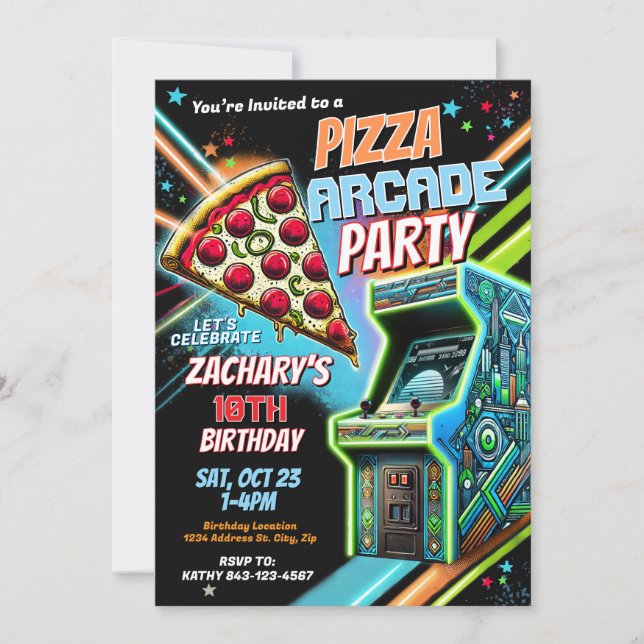Pizza Arcade Party Invite for Kids (Front)