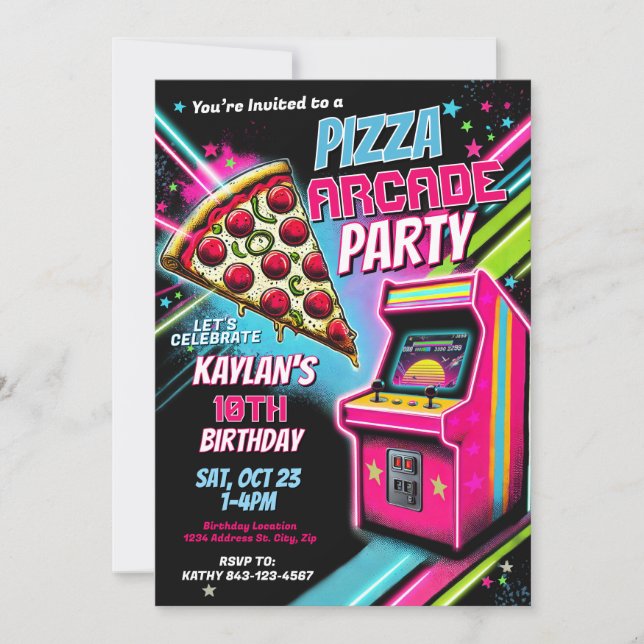 Pizza Arcade Party Invite for Kids (Front)
