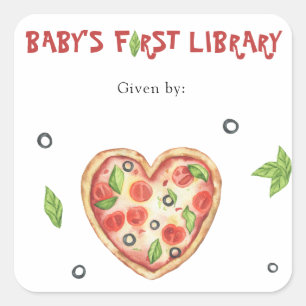 Pizza Baby Shower bookplate - Baby's first library Square Sticker