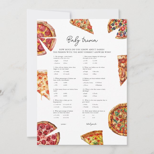 Pizza Baby Trivia Baby Shower Game Card (Front)